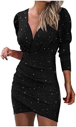 Fragarn Women Deep V sequins завиткани со долги ракав фустан за ноќен клуб