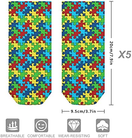 Загатка за подигнување на свеста за аутизам 5 пара чорапи на глуждот со ниско исечено лесни чорапи за дишење екипаж чорапи без шоу чорапи