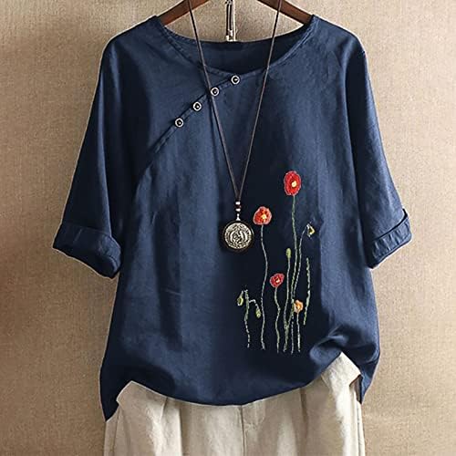 Womenените врвови и блузи плус врвови со големина за жени Симпатична цветна печатена графичка маичка со ленени бохо гроздобер блуза кошула