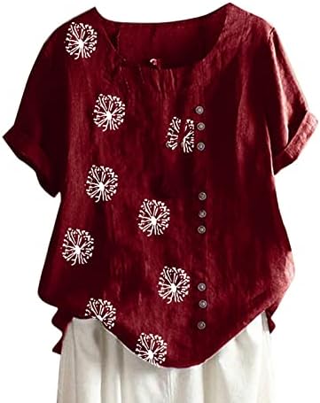 Врвовите на глуварчето за глуварче за жени Гроздобер Тркалезен врат Краток ракав маица преголема копче летни обични блузи