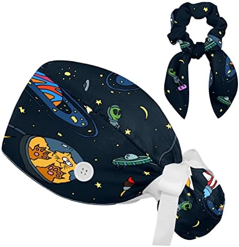 Galaxy Stars Black Scrub Caps Хируршки жени со копче прилагодливи на хируршки капачиња со скринџа за жени