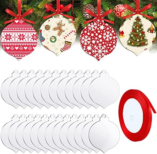 Јасни акрилни Божиќни украси Акрилик Божиќ DIY ознака празно акрилни Божиќни украси и 1 ролна црвена лента за украсување на новогодишни