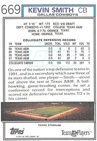 1992 година Фудбал Топс 669 Кевин Смит РЦ Дебитант картичка Далас Каубои ДБ Официјална висока серија за трговија со картички од компанијата
