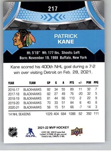 2021-22 Горна палуба МВП 217 Патрик Кејн Чикаго Блекхакс НХЛ Трговска картичка за хокеј