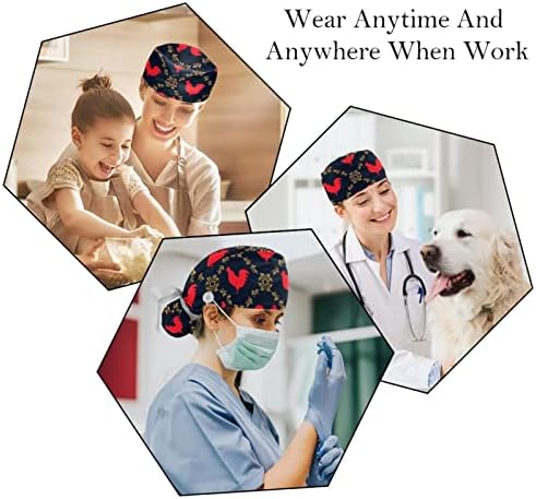 2 парчиња медицинска сестра за чистење капаци жени долга коса, бои петел кокошки прилагодливо работно капаче со копче и џемпер -лента