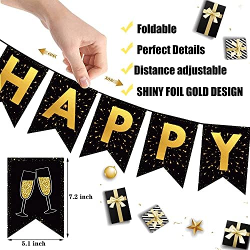 91 Пак Среќна Нова Година Декорации 2023 година Нова Година на забави за забави, црно -златно тематски новогодишни материјали - реквизити за банер