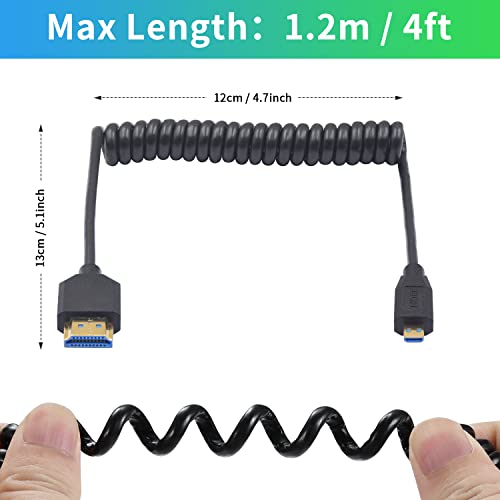 Duttek 8K Micro HDMI до HDMI Coiled Cable, 48Gbps HDMI до Micro HDMI 2.1 верзија, Ultra Thin Micro HDMI до HDMI машки кабел за поддршка на динамичен