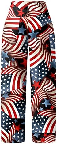 4 -ти јули женски постелнина широки панталони за нозе САД со знаме ги уништија еластичните панталони со широки нозе со џебови со џебови палацо