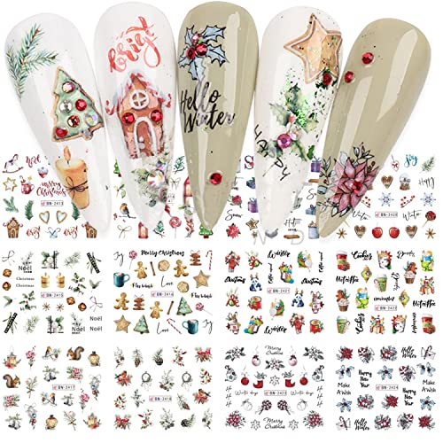 12 лист Божиќни налепници за уметност за нокти Снегулка трансфер на вода нокти декорации за украсување на уметност, арт декорација