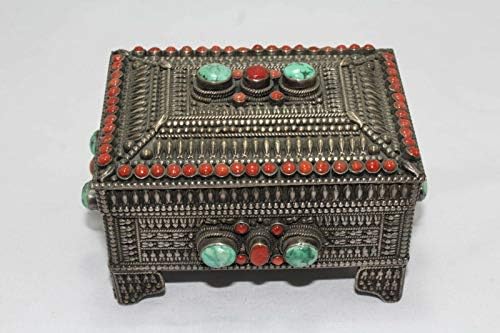 Раџастан скапоцени камења колекционерска рачна работа со резба на тибетски сребрени кутии тиркизна портокалови камења ..