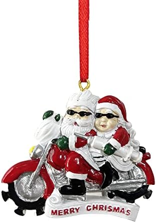TopFunyy 2022 украси на Дедо Мраз, г -дин и г -ѓа Клаус Возење мотоцикл украс за украси за Божиќни дрвја што висат подароци за приврзоци