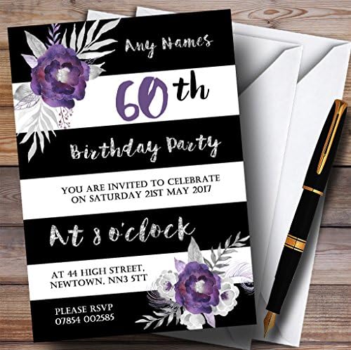 Црно бело сребро виолетова цвет 60 -ти персонализирани покани за роденден