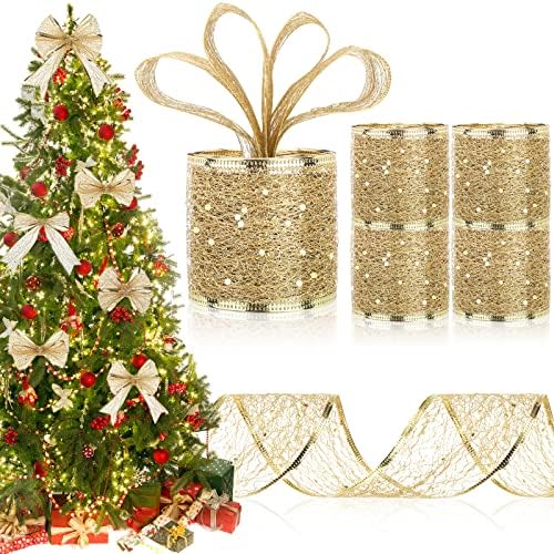 4 ролни 40 јарди златна Божиќна лента златна мрежа жична лента металик Божиќна лента сјај светла лента за домашни забави декор подароци завиткувани