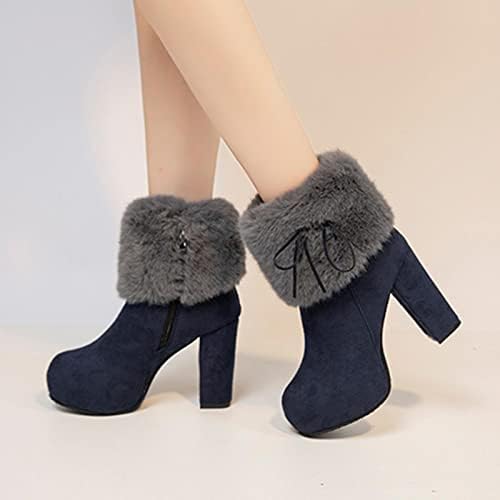 Женски зимски снежни чизми кадифен чипка до средно-телевизиски чизми, бујни со високи потпетици со високи потпетици, чевли на глуждот на глуждот