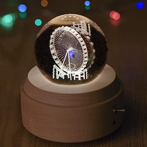 Музичка кутија со тркала Епано Ферис Сјајно ротирачки 3D Кристал топка музичка кутија со LED светло и дрвена база играчка за домашна