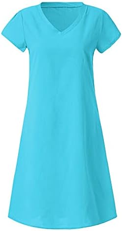 Женски памучен постелнина фустан од тифзадијао, цврста боја, обични летни фустани Краток ракав против вратот лабава плажа Сандес Миди фустан
