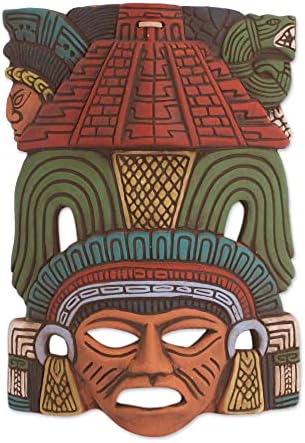 НОВИЦА Рачно Насликана Керамичка Црвена И Зелена Ѕидна Маска, Пирамида На Маите