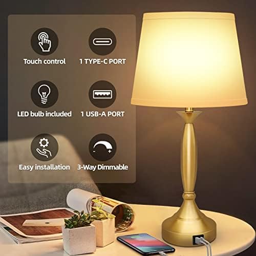 Wiomonrew ламби за спални соби од 2 - Контрола на допир 22,64 инчи висока 3 -насочна затемнета ламба покрај креветот со USB C за спална соба,