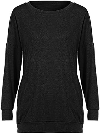 Плус врвови за големина за женски џемпери за екипаж, обичен обичен обичен ракав лабав фитинг пулвер блуза маица со џебови