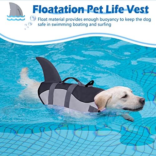 Koeson Dog Life Jacket ајкула, животен елек за кучиња со рачка за спасување, палто за миленичиња Ripstop за пливање, безбедносен животен