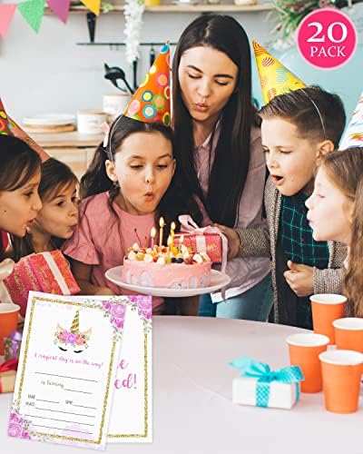 Покани за Роденденска Забава За Девојки Со Пликови, Виолетова Еднорог 20 Сет