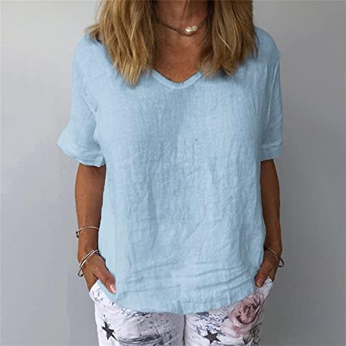 Кошули со постелнина Здфер за жени О вратот цврста блуза врвови женски летен летен случај со кратки ракави маица плус големина