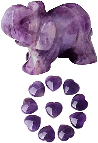 Јатојузи 2 аметист слонови декор заздравување кристал симпатичен полиран природен камен рачно врежан и 5 парчиња 1inch аметист природни кристали