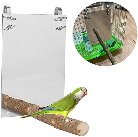 Heepdd Bird Mirror Toy, огледало од птичји птици од не'рѓосувачки челик со дрвена шипка за перка за пагатет кокату кокатиел bубовници