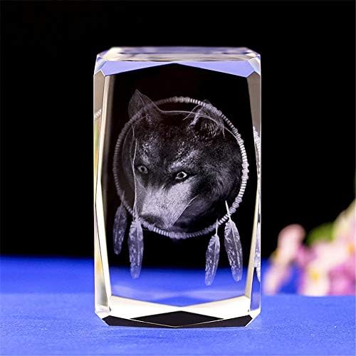 Кристално стакло волк фигура модел, 3Д ласерски гравиран кристален волк украси уметност, животински кристално стакло коцка за гравура на