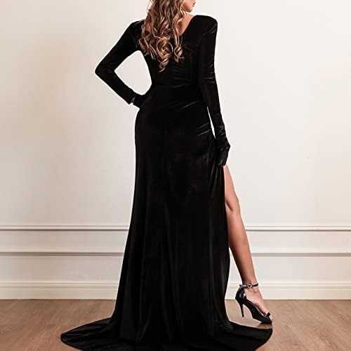 Womenенски официјален вечерен фустан Елегантен долг ракав со кадифе со висока сплит сирена забава на ракавици со високи половини ретро фустан