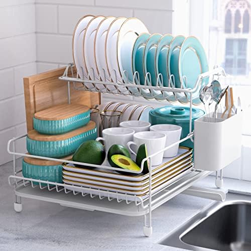 Копче за сушење на садови за садови-решетката за садови со голем капацитет за кујнски бројач, дренажа за јадење со 'рѓа, 2-ниво кујнски