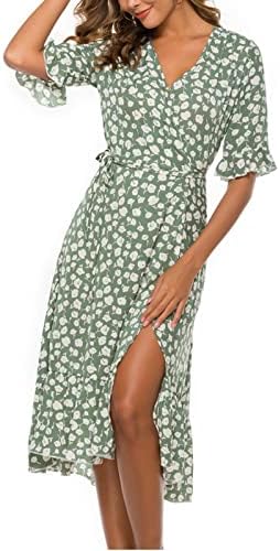Women'sенски 2023 Цветен летен фустан на летен фустан против вратот Руфл за завиткување на вратоврската, странични фустани