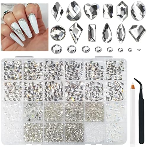 6010pcs Кристално чиста нокти rhinestones 300 мулти форми кристално бело ригистони скапоцени камења +5710 стаклени тркалезни камења со рамни