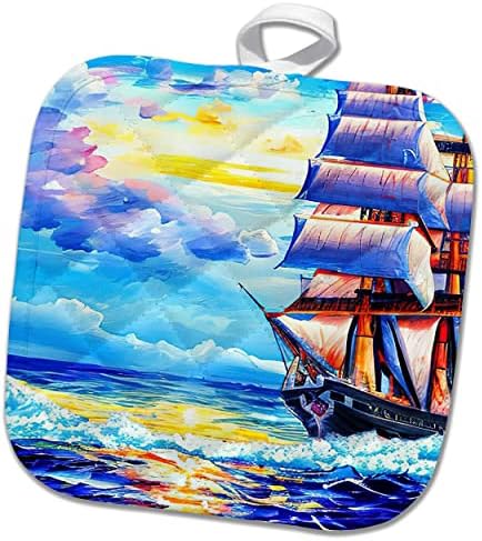 3drose taln Bread Digital Art. Фантазиски брод, беснее море на зајдисонце. - Potholders