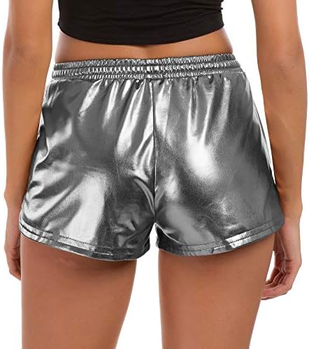 Tandенски женски јога жешки шорцеви сјајни метални панталони со еластично влечење