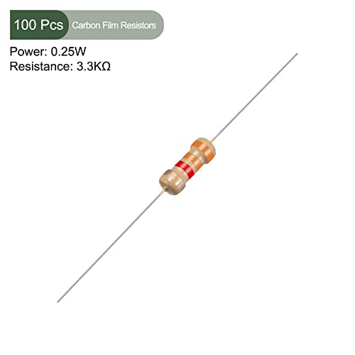 Yokive 100 парчиња отпорници на јаглерод филм, 1/4W 3,3k ом 5% отпорник на толеранции, добро за електронски проекти за DIY