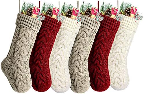 Божиќни чорапи, пакувања 6 18 инчи со голема големина кабел плетен бургундски, слонова коска и каки Божиќни чорапи за декор на сезоната на семејни