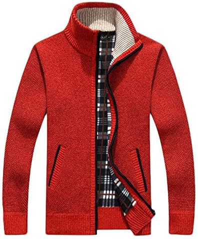 Mens Slim Fit џемпер јакна карирана руно, поставени палта стојат јака плетена надворешна облека со џебови плетени топол зимски