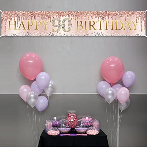 90-Ти Роденден Банер Украси За Жени, Розова Роза Злато Среќен 90 Роденден Двор Банер Партија Материјали, Големи 90 Годишниот Бдд