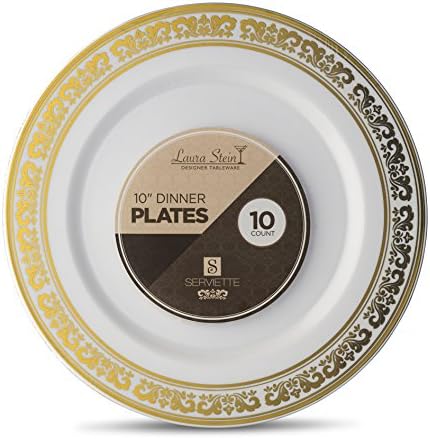 [60 брои - 10 инчи плочи] Лора Штајн Дизајнерски садови Премиум во тешка категорија пластични бели чинии за вечера со златна граница, забава и