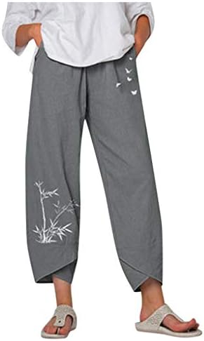 Latinday постелнина лабава панталони жени обични цветни печати џеб еластична половината лабава панталони