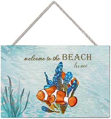 Знак од дрво, океански риби и алги од дрво, висин знак wallиден декор, фарма куќа плакета морски океан живот крајбрежна плажа Тропска