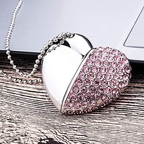 Wooteck 32 GB Кристално ovingубовен срцев облик накит USB Flash Drive Pendrive со ѓердан, розова