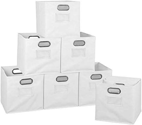 Лажен кубо сет од 12 преклопни канта за складирање на ткаенини со држач за етикета- бело