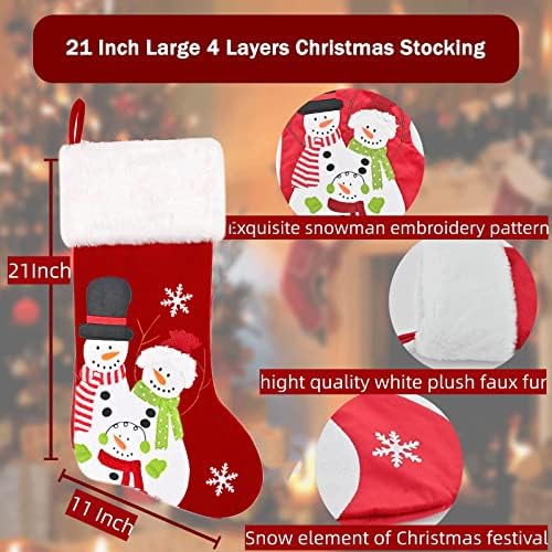 21 инчи Божиќни чорапи со црвен кадифено сингл, кадифен големи бонбони торби со бонбони со 3Д симпатична снежна снежна снегулка за семејство