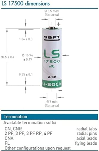 5x SAFT LS17500_WIRE А 3,6V 3600mAh литиумска клетка за следење на пациентите, респиратори/концентратори на кислород, следење на РФИД,