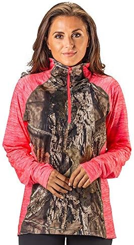Trailенски женски долг ракав 1/4 Zip Camo Burtion - Wilking за влага, истегнување од 4 начини - совршена облека за надворешна