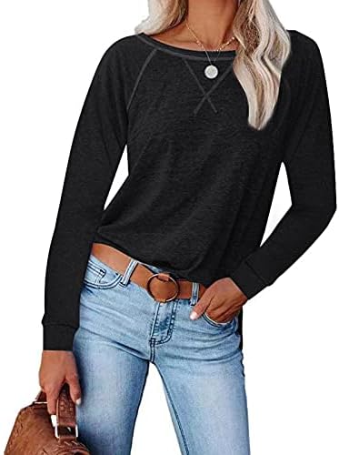 Женски обичен долг ракав со цврста боја, спојувајќи долги ракави, маица со блуза, врвови на маици за џемпери