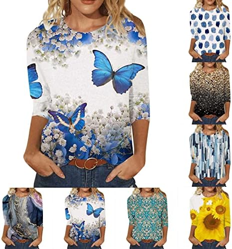 Firero летни кошули за жени 2023 година, женски случајни елегантни врвови ретро пеперутка печати 3/4 ракав врвот плус големина