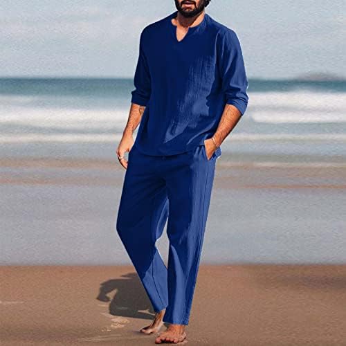 Машка облека од 2 парчиња летни мажи парчиња памучни постелнина сет Хенли кошула со долг ракав и случајни механичари за мажи на плажа